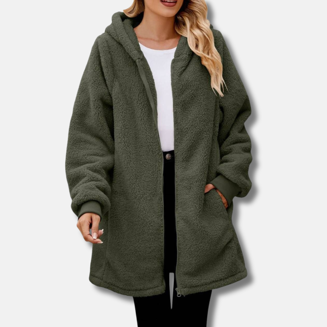 Women's plush oversized hooded zipper jacket with front pockets, cozy fall winter layer