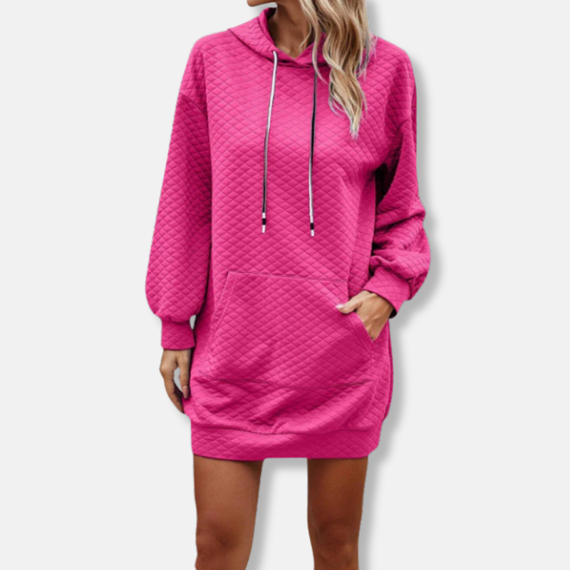 Women's black quilted diamond-texture oversized hooded mini dress with long sleeves and side pockets