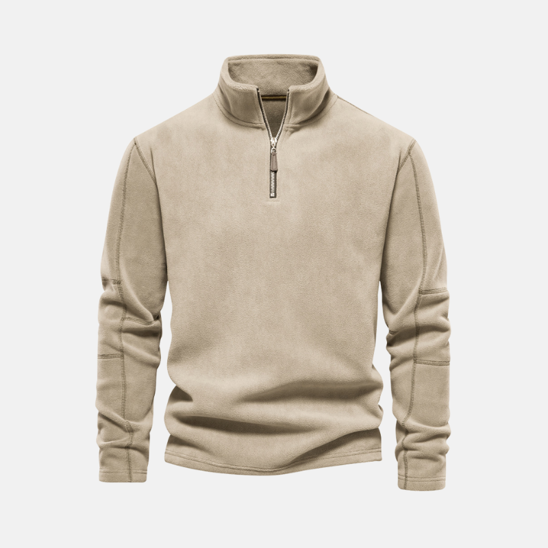 Men's gray fleece sweatshirt with stand collar and half-zip closure for elevated casual style