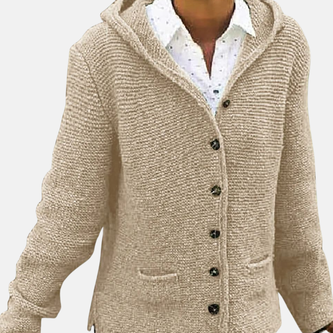 Women's wool hooded cardigan relaxed fit ribbed knit with button front and cozy pockets