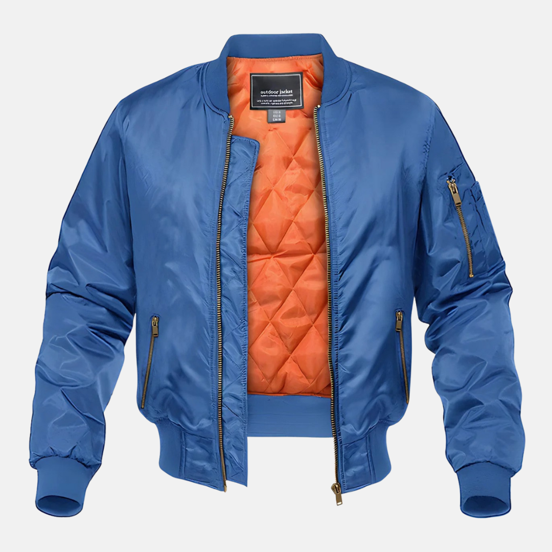Men's bomber jacket quilted lining zippered pockets everyday warmth timeless silhouette cool weather layer