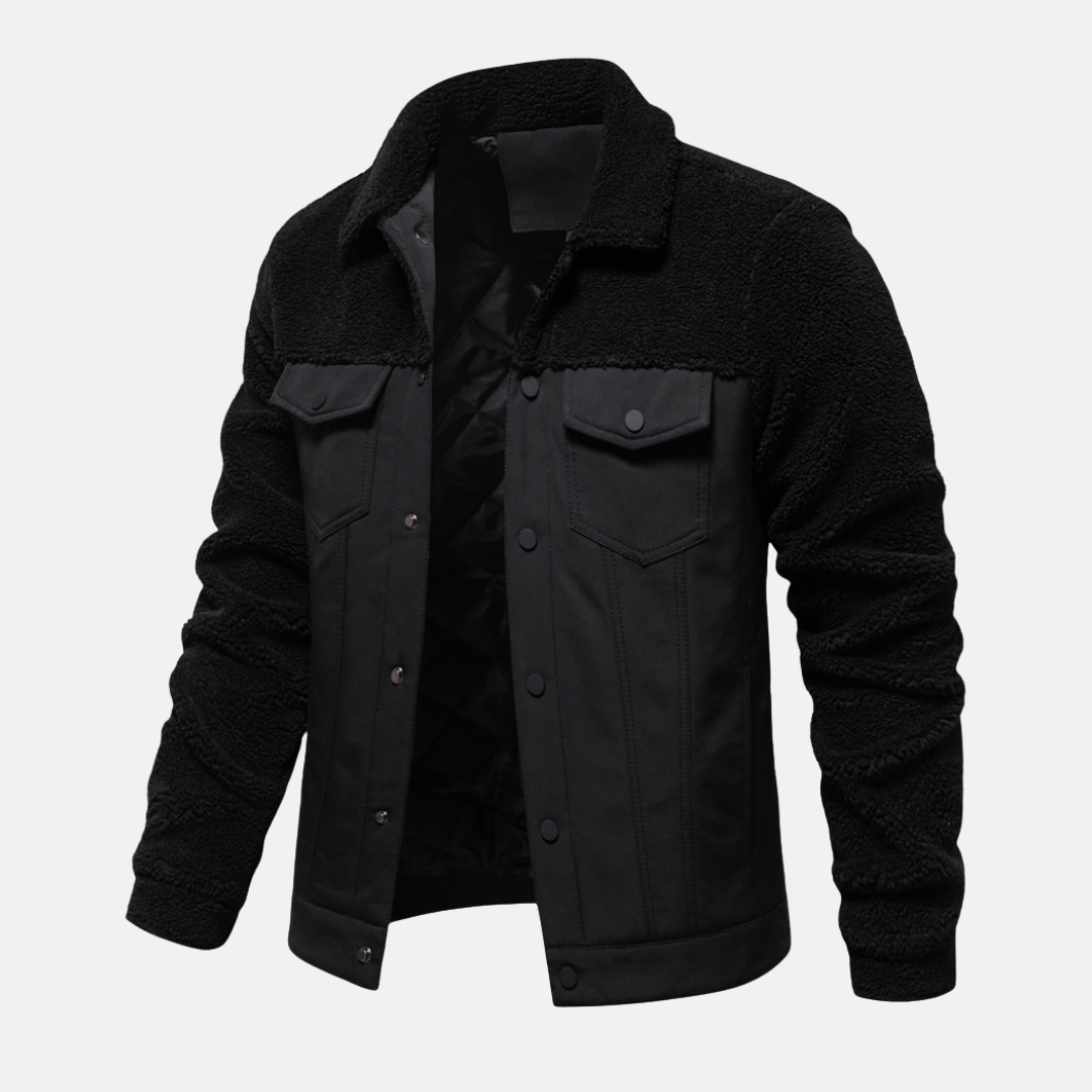 Men's tan mixed-material trucker jacket hip-length snap closure point collar casual outerwear