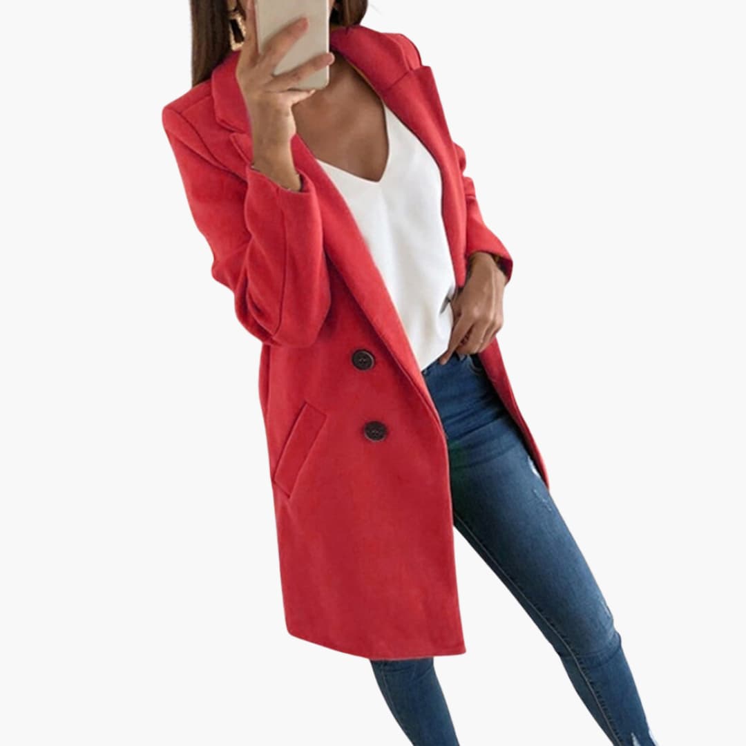 Women's long sleeve button-front coat with fold-over collar, cozy lined interior and side pockets