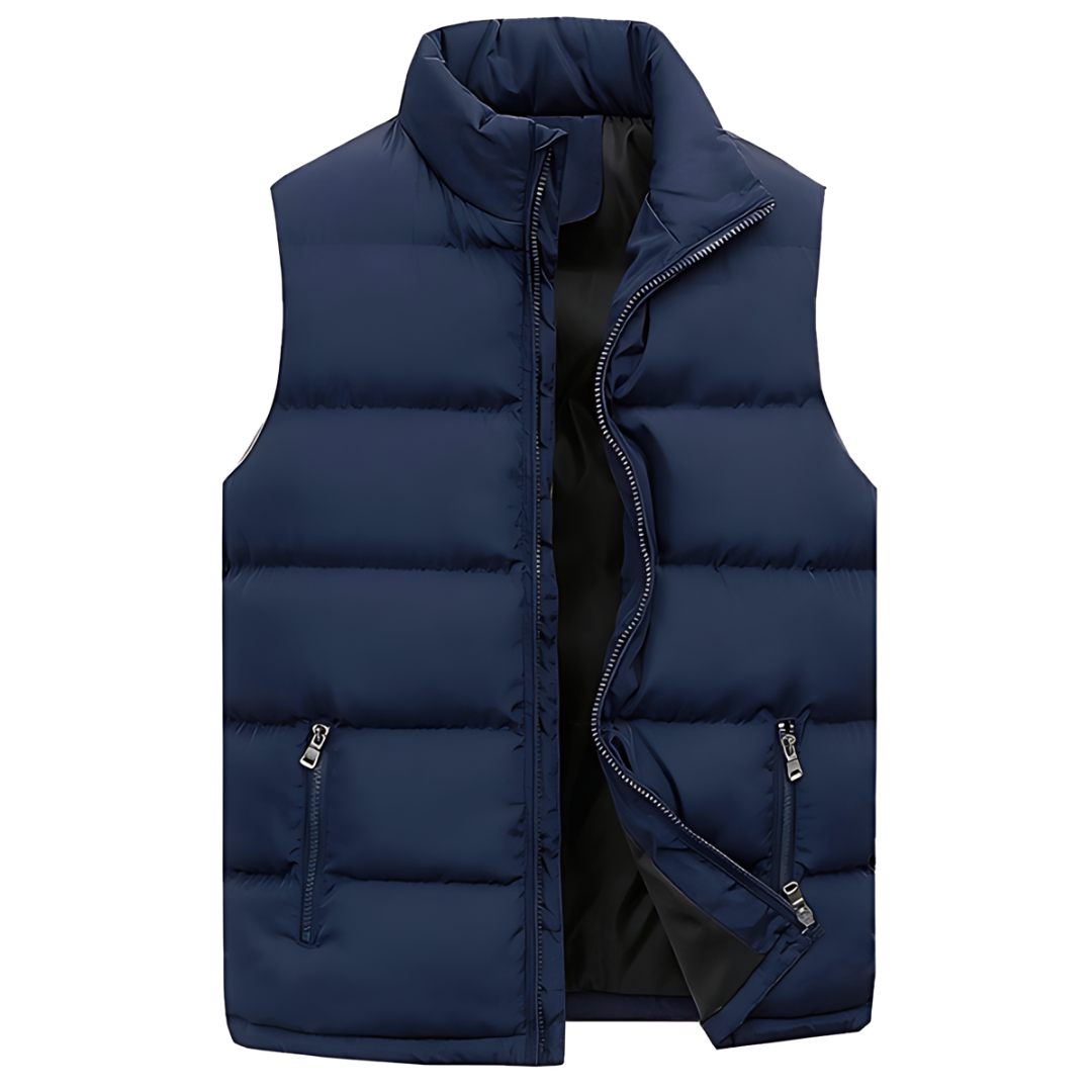 Men's lightweight sleeveless puffer vest in neutral tone, modern slim fit with quilted insulation