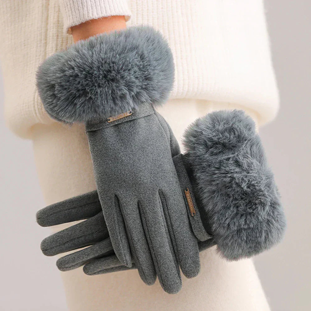 Women's black fitted wrist-length gloves with elegant fur cuff detail for everyday wear