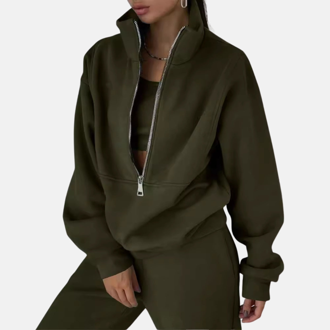 Women's relaxed fit two-piece tracksuit set high collar zip top cotton blend full-length pants