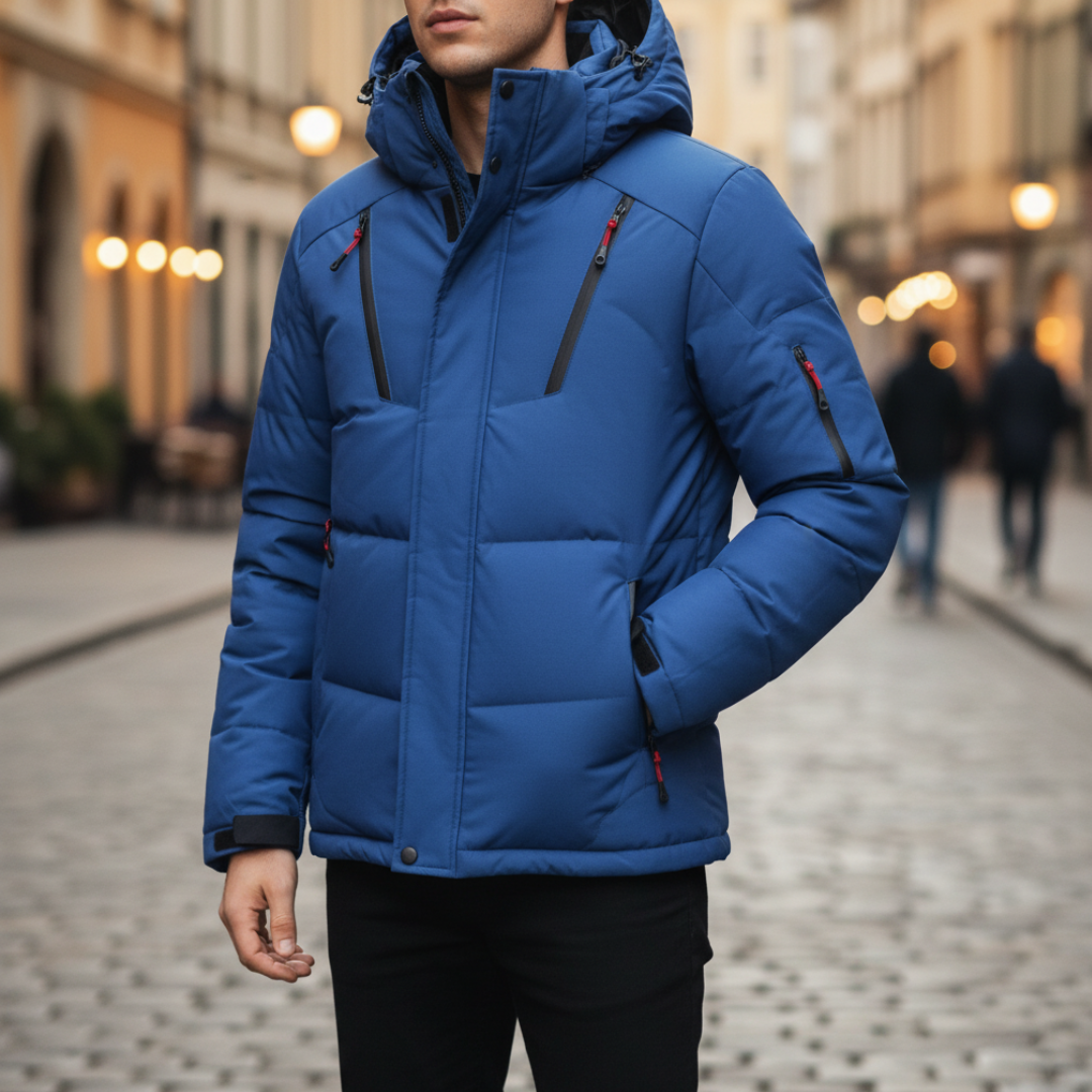 Men's hooded down jacket waterproof windproof winter coat for outdoor adventure cold weather