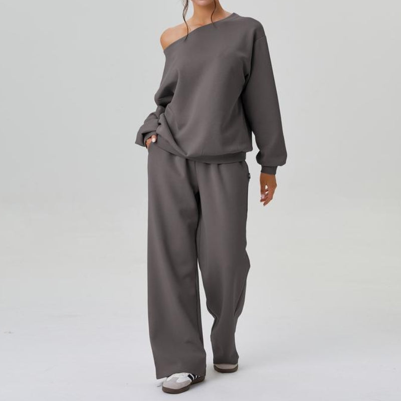 Women's soft knit co-ord set draped shoulders wide leg trousers relaxed two-piece matching outfit
