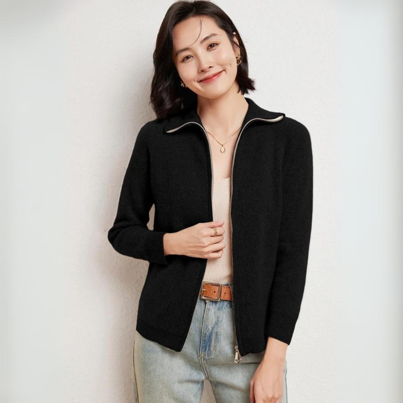Merino wool zip-up unisex layering jacket with turn-down collar and sleek front zipper closure