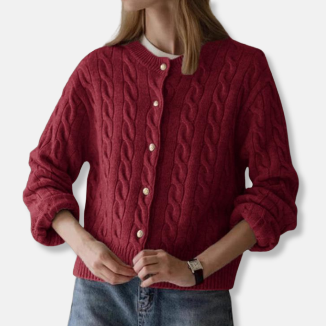 Women's beige relaxed-fit cable knit cardigan with button closure and ribbed edges for everyday comfort
