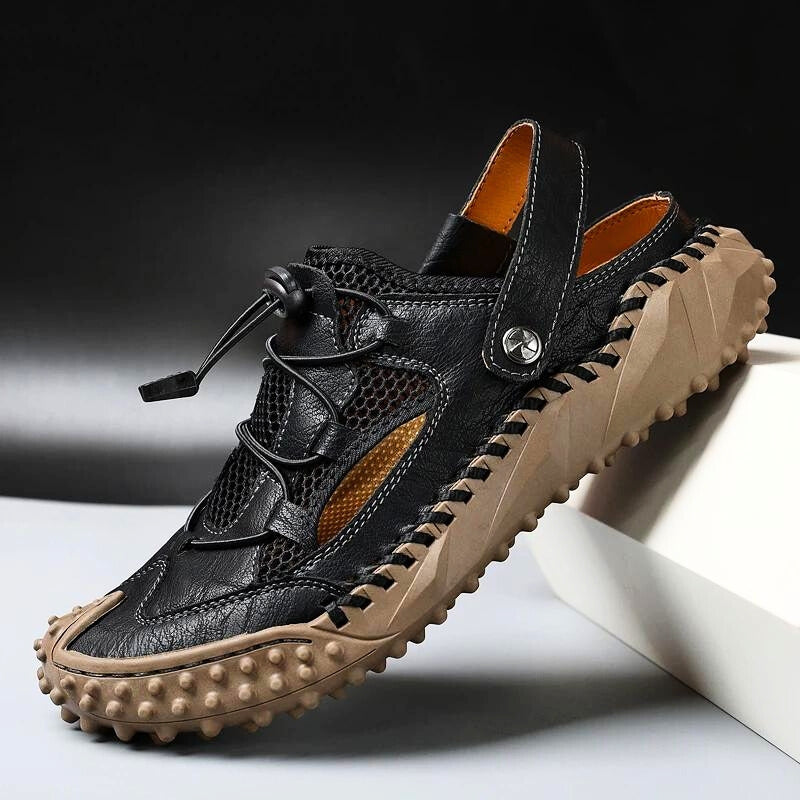Draven brown leather trail sandals with protective toe cap and quick lace cord lock system