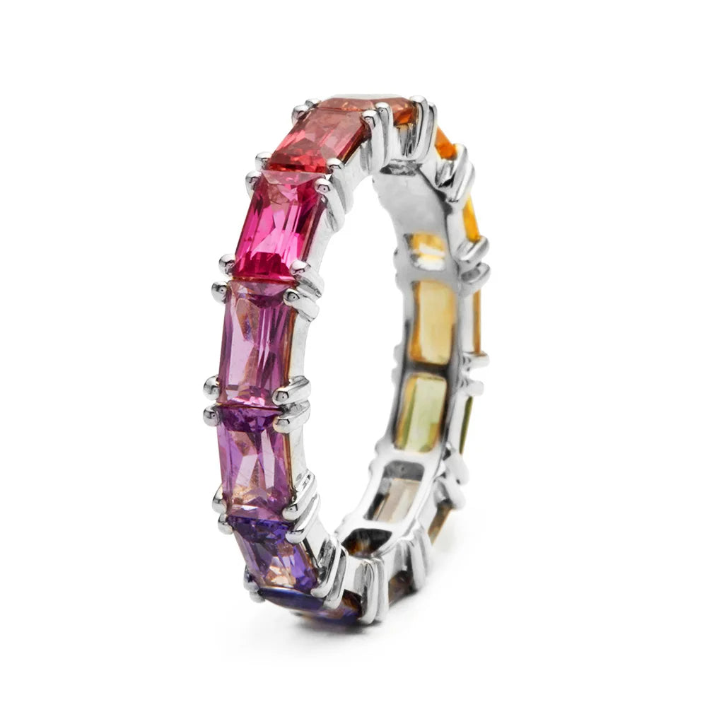 Rainbow baguette cubic zirconia eternity band ring stackable bold colorful statement piece