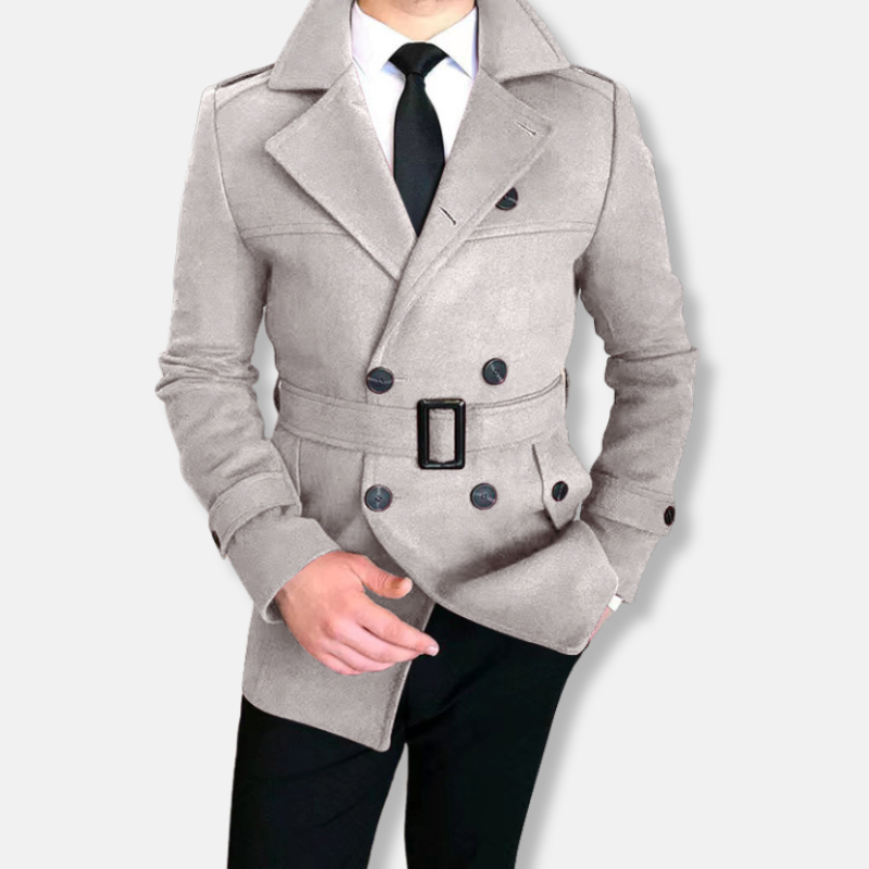 Burgundy wool blend double breasted belted jacket men tailored fit sharp structured silhouette