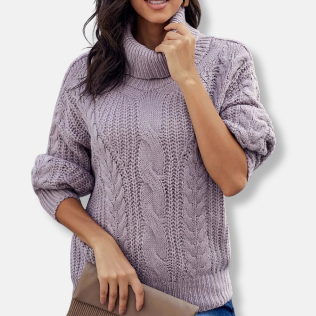 Women's oversized chunky cable knit turtleneck pullover sweatshirt with ribbed neckline cozy warmth