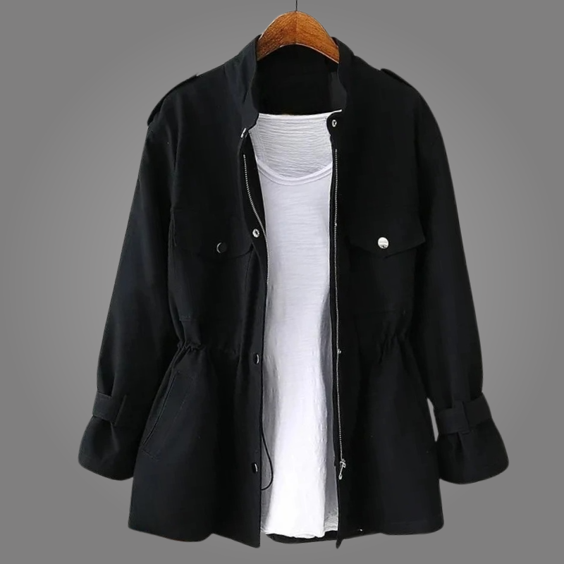 Olive green lightweight unisex utility jacket relaxed fit with drawstring waist and snap pockets