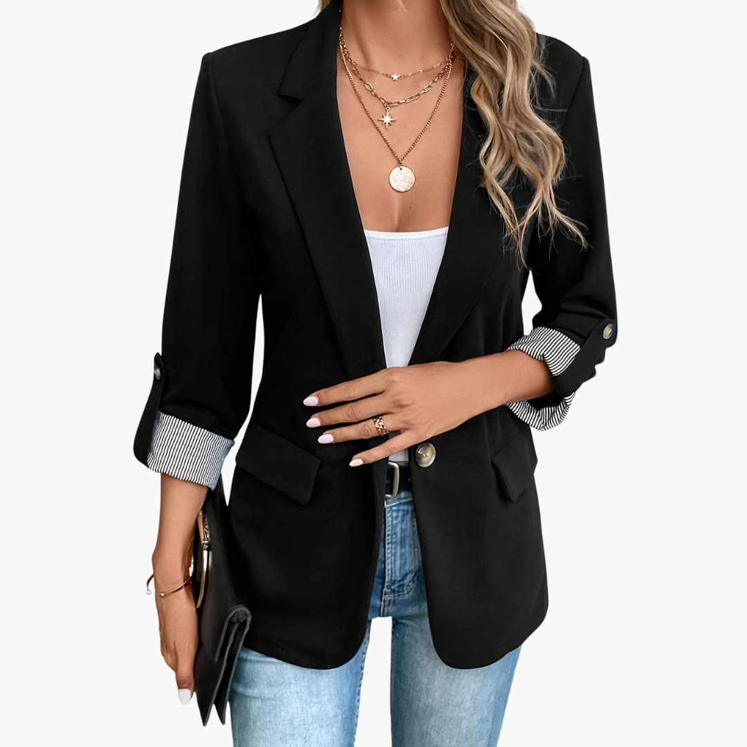 Women's long blazer elegant professional jacket with extended silhouette and refined tailoring for workplace
