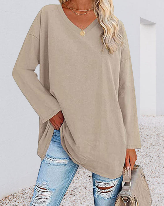 Women's fitted V-neck long sleeve blouse soft breathable fabric elegant office casual wear