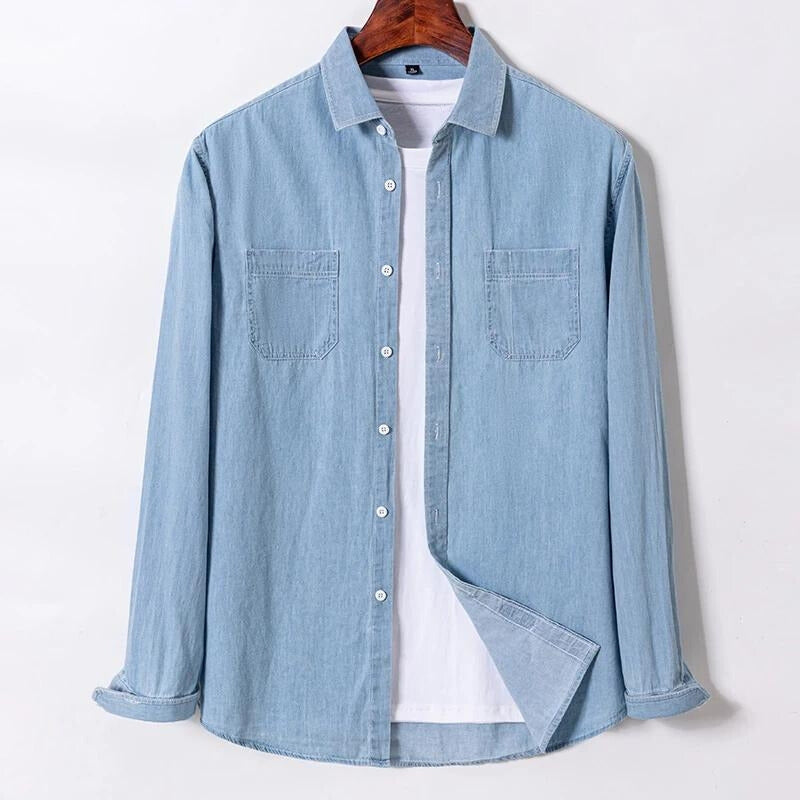 Sylvi blue denim shirt 100% cotton sharp point collar dual chest pockets classic everyday fit