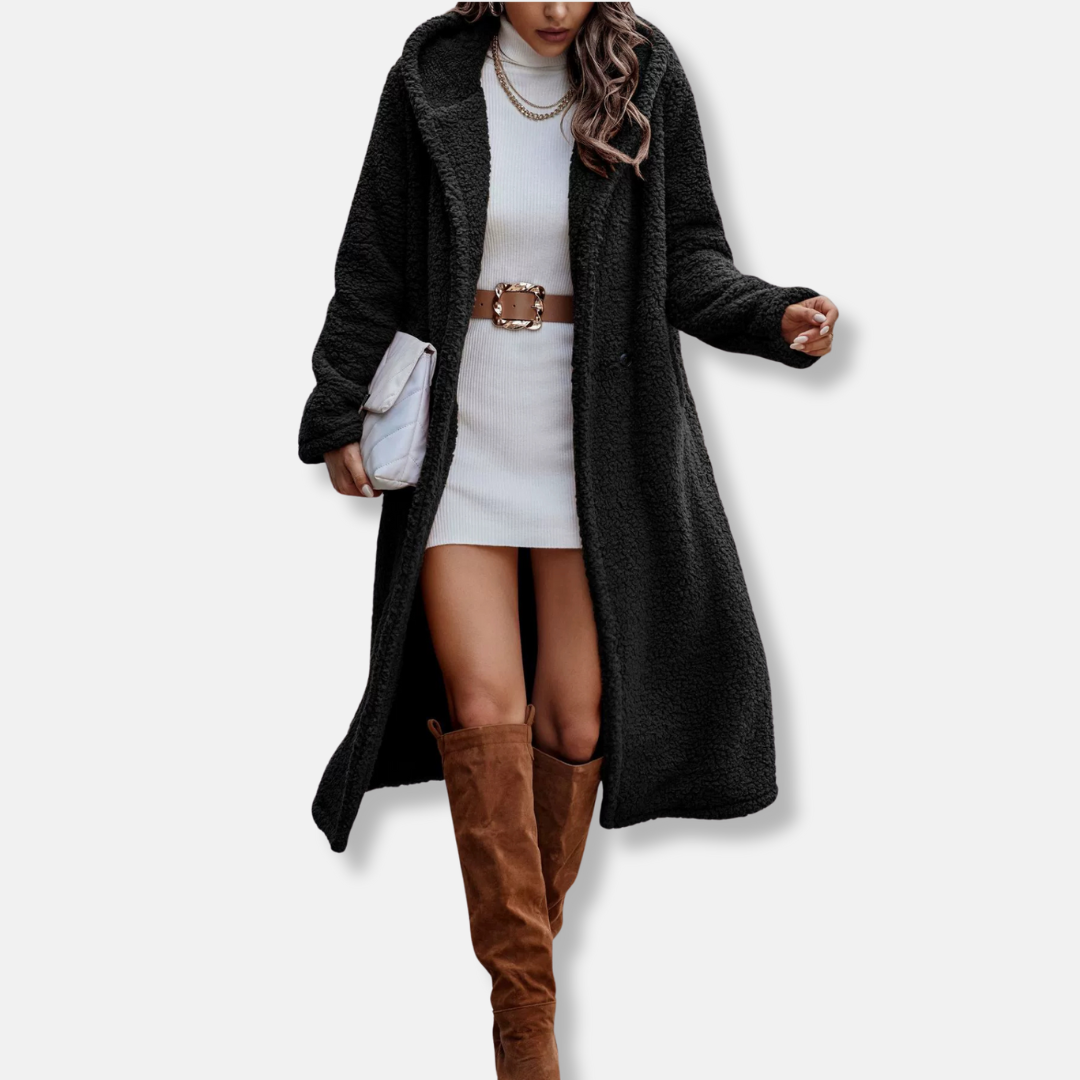 Women's long hooded plush coat relaxed fit notched lapel soft texture warm autumn winter outerwear