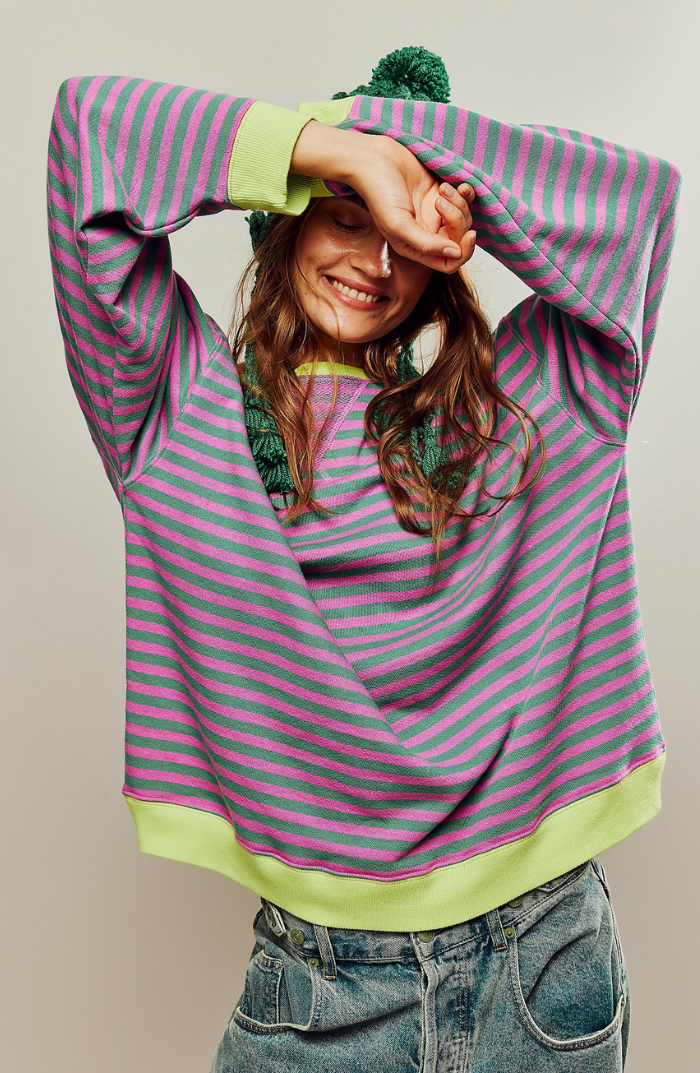 Women's oversized striped knit sweater relaxed fit vibrant multicolored cozy everyday style