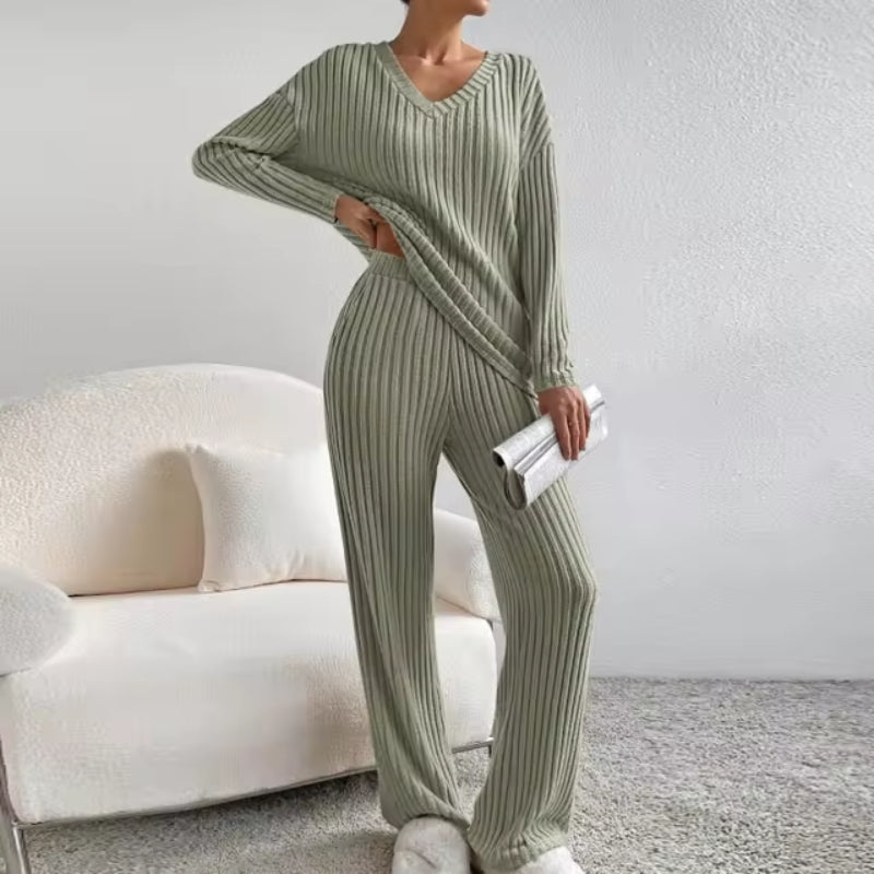 Kerry ribbed knit two-piece set V-neck sweater matching trousers soft breathable loungewear