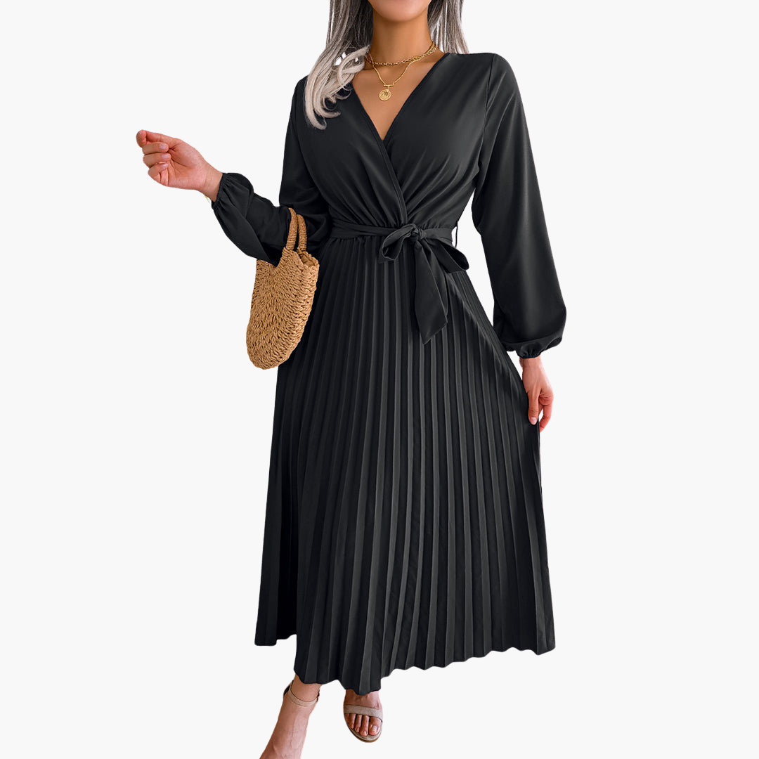 Elegant pleated maxi dress long sleeves women flowing formal evening gown airy silhouette