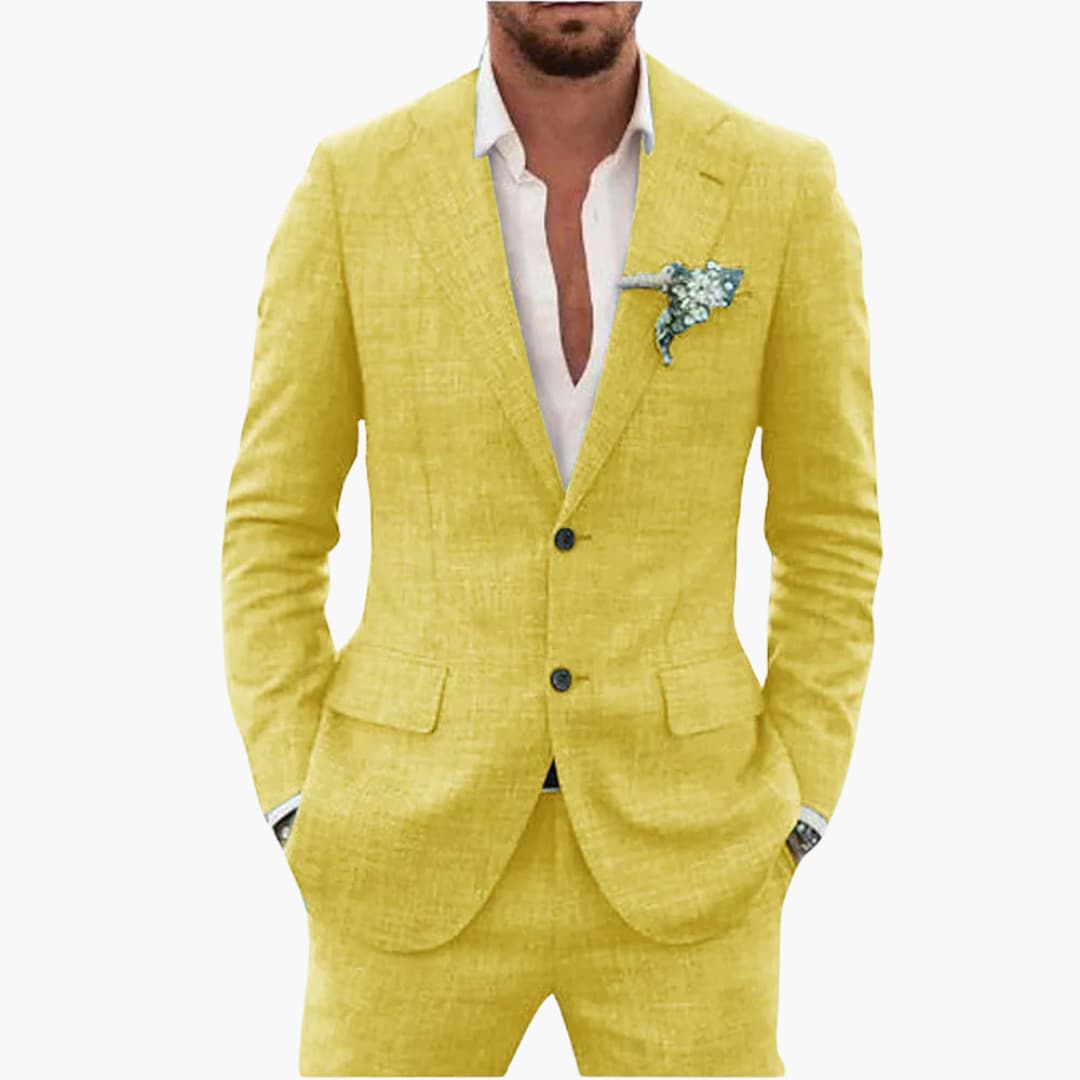 Men's lightweight two-piece summer suit notched lapel tailored fit blazer trousers formal occasion