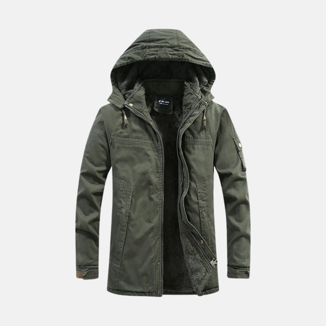 Men's relaxed-fit hooded coat with sherpa lining, utility pockets, and zipper closure for outdoors