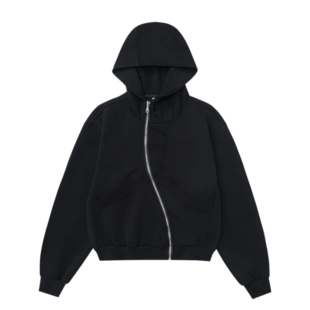 Black paneled hoodie with curved zip front and full-zip closure for urban streetwear styling