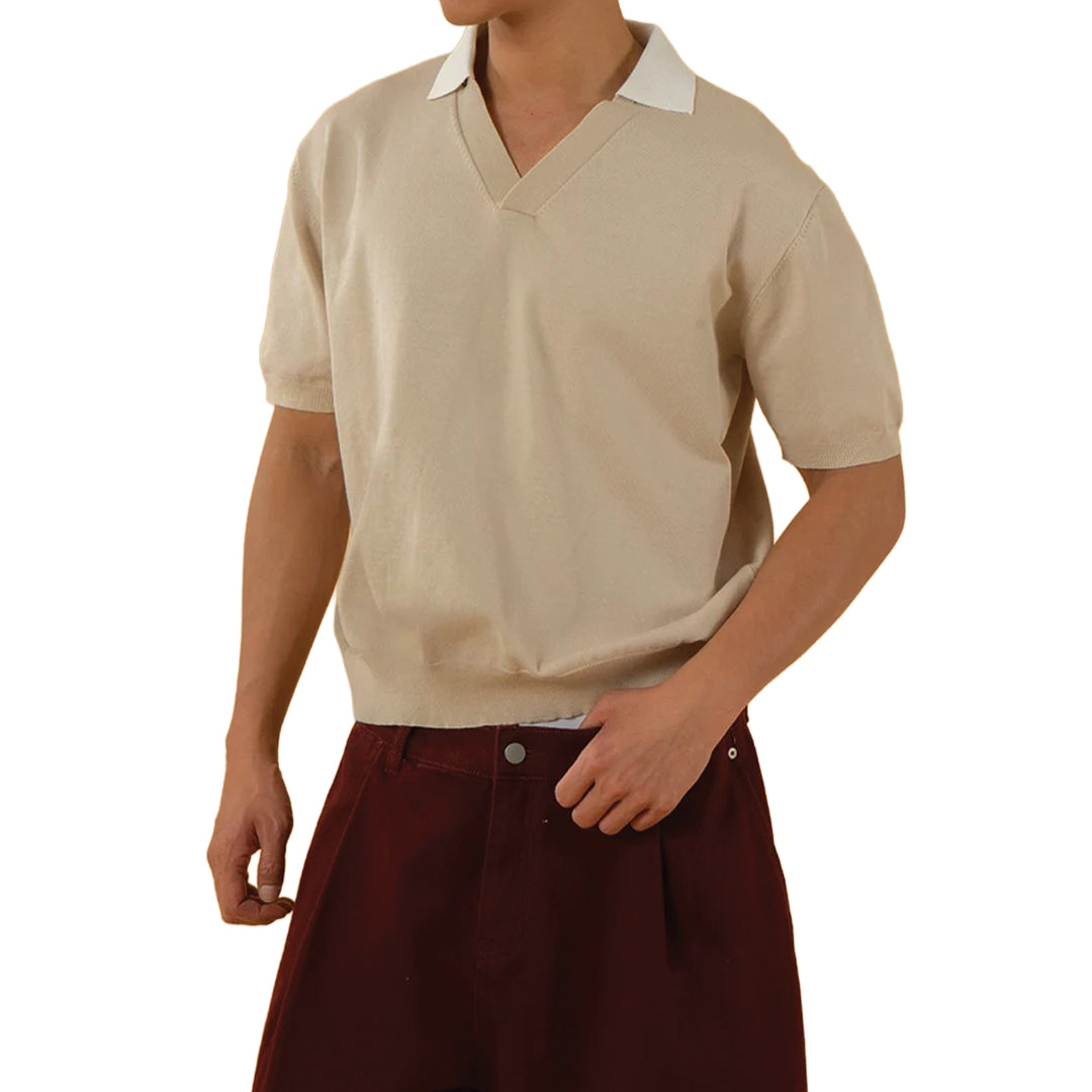 Men's white split collar polo shirt slim fit with detachable snap collar for two distinct looks