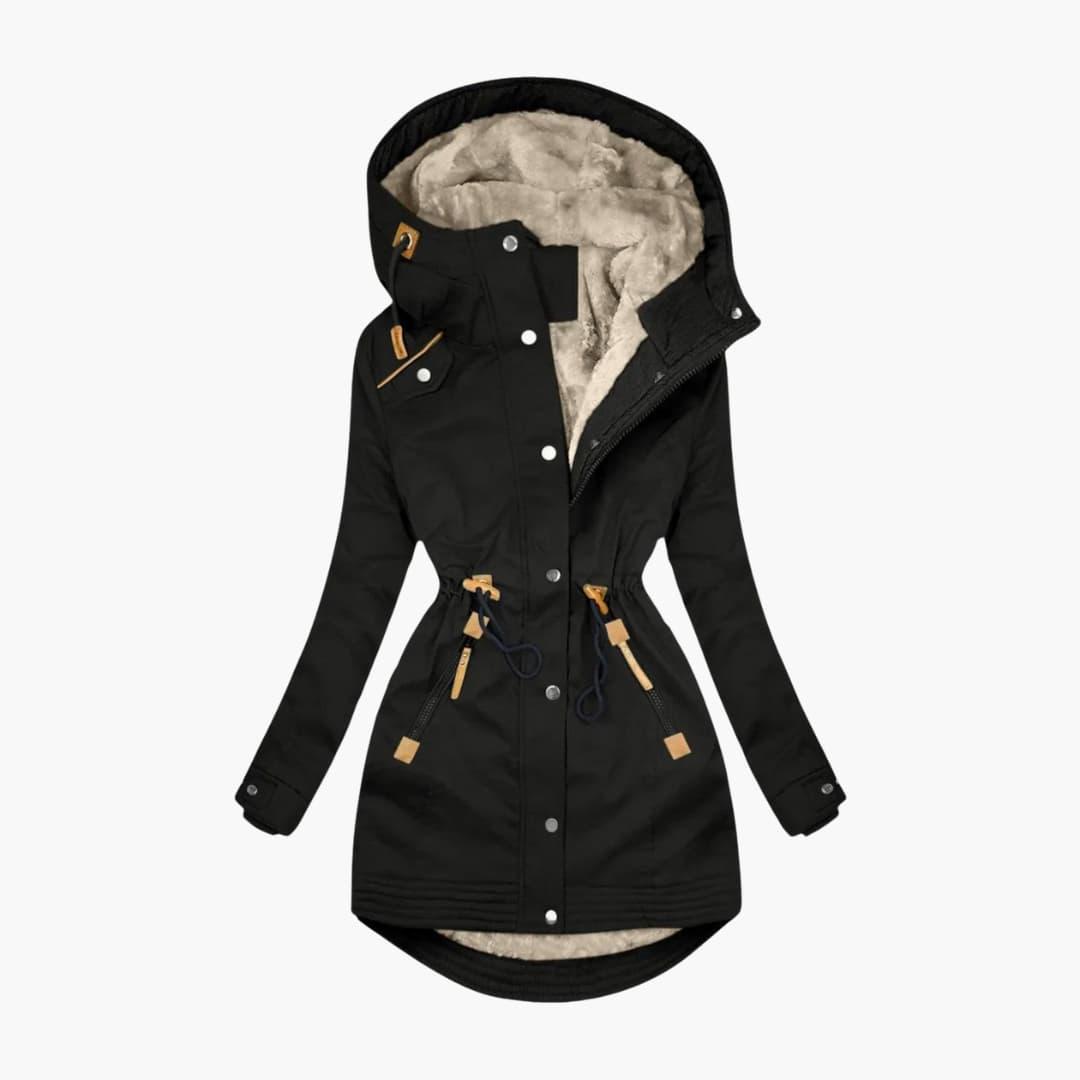 Women's hooded parka jacket in neutral tone, zip-up closure, lined interior, relaxed fit for all-season wear