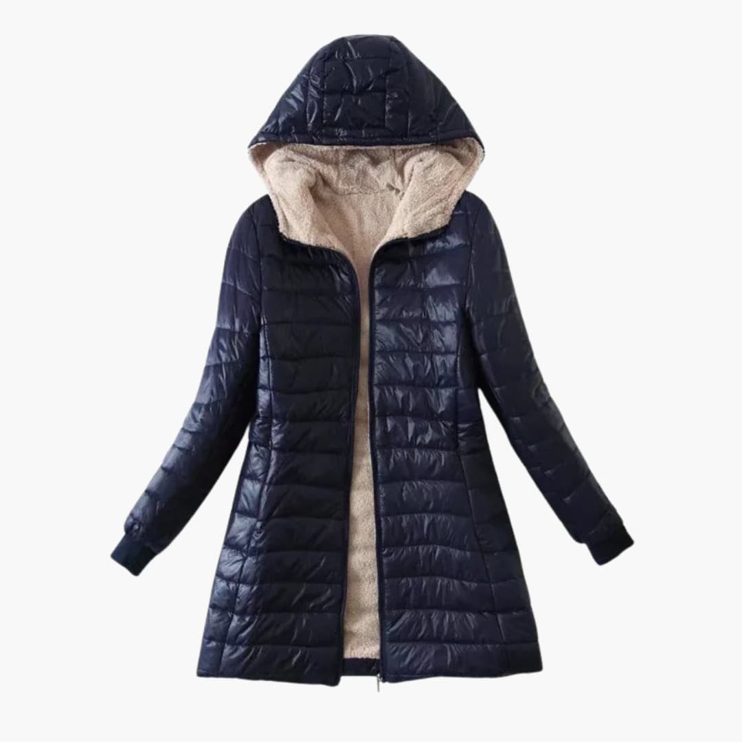 Women's quilted winter jacket with hood, zipper closure, fleece lining, premium warmth for cold weather