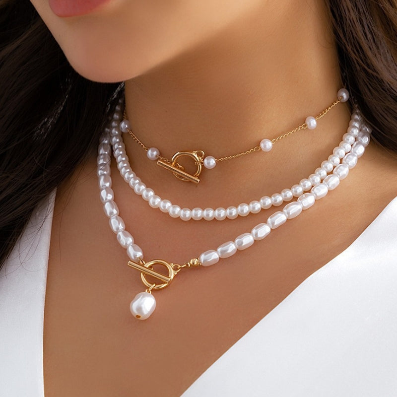 Solane layered necklace mixed chains pearls toggle front multi-strand statement jewelry women