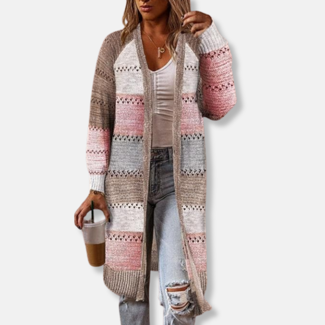 Women's wool cardigan relaxed open-front knee-length silhouette with striped ribbed cuffs