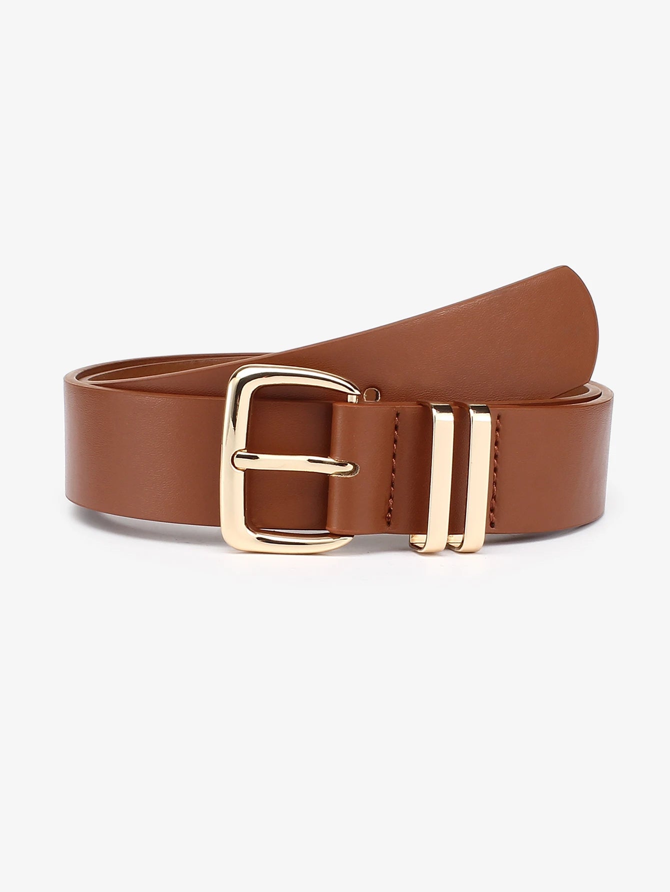 Stella black vegan leather dual loop belt with double gold buckle, cinched waist modern style