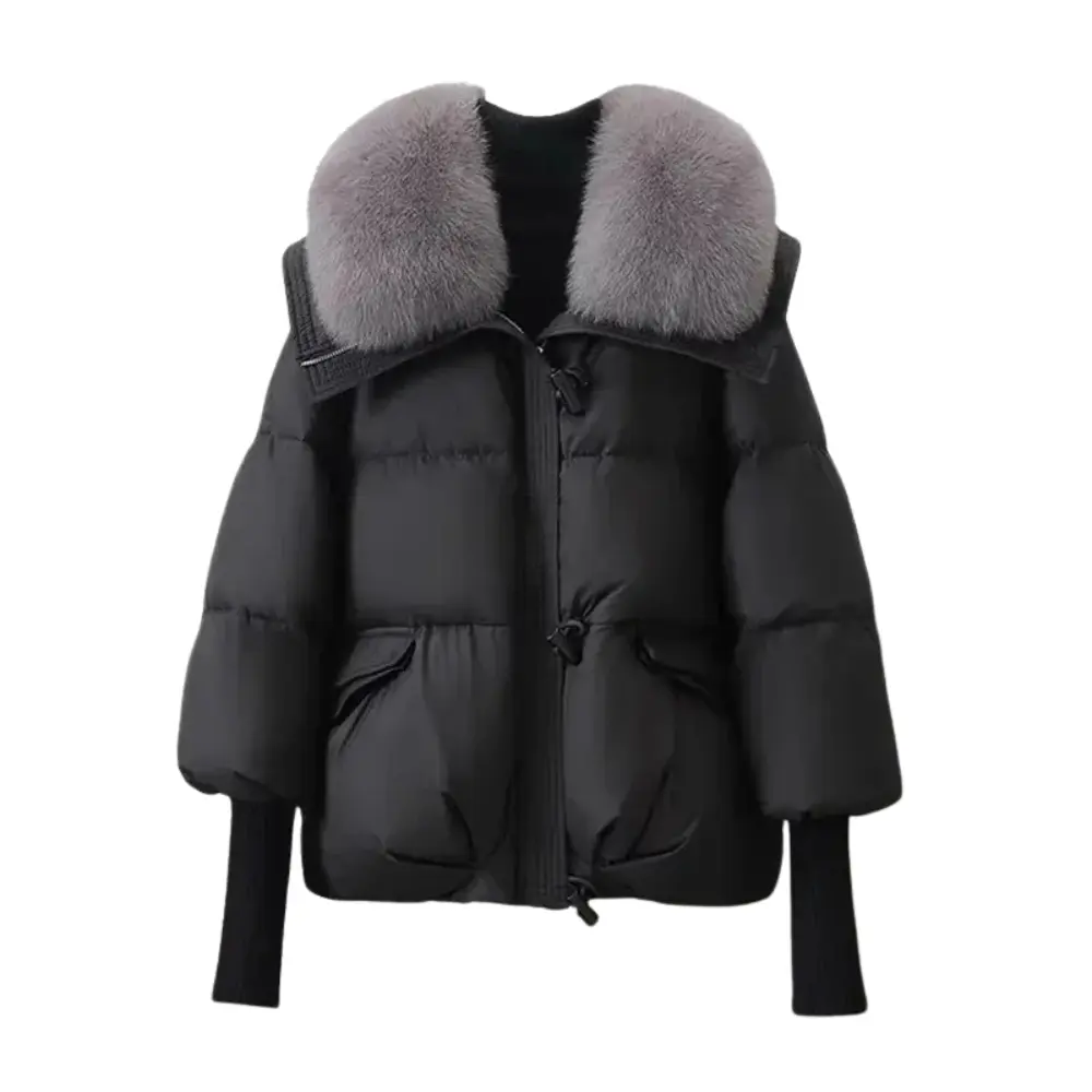 Women's black puffer jacket with grey faux fur collar, insulated slim fit winter coat with front pockets