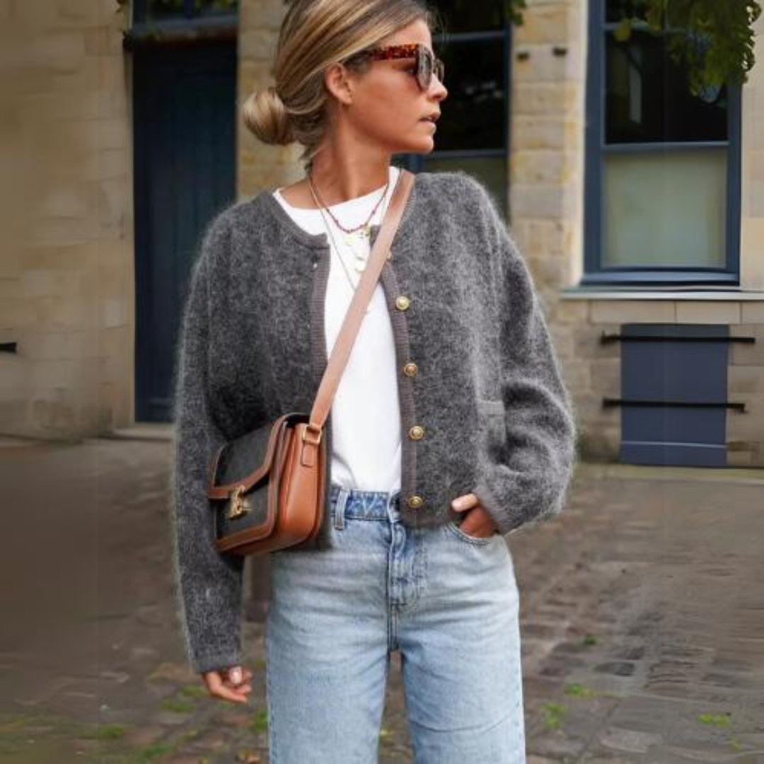 Women's loose fit warm knit cardigan cozy everyday layering piece in soft neutral tones