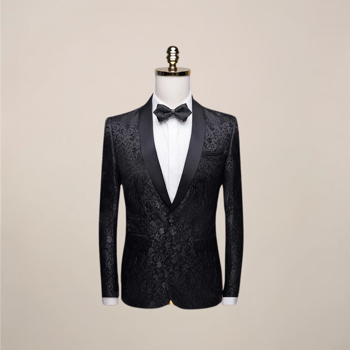 Men's black embroidered tuxedo blazer with baroque pattern and lustrous satin lapels