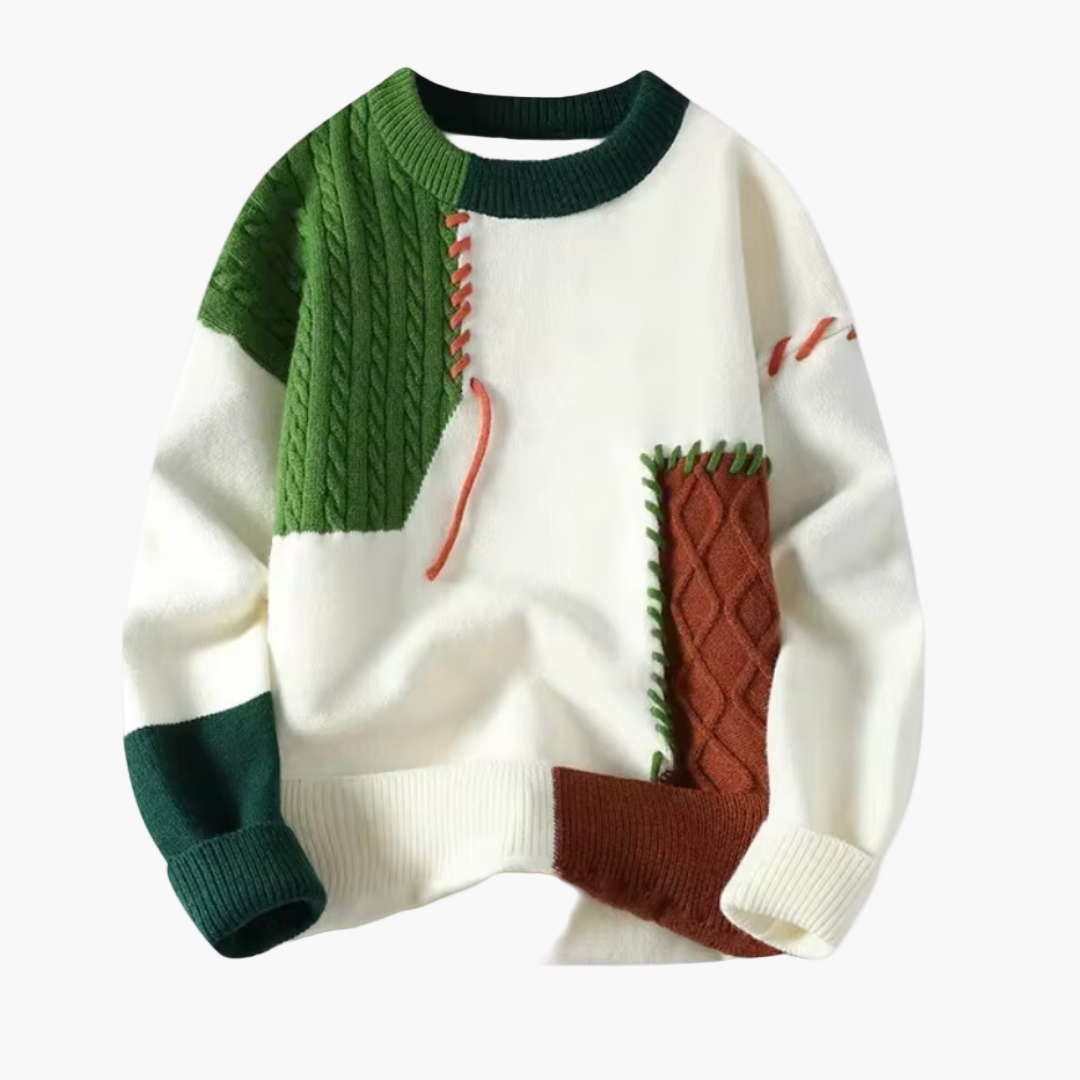 Men's patchwork knit sweater relaxed fit with multicolor artistic panels for casual and smart-casual wear