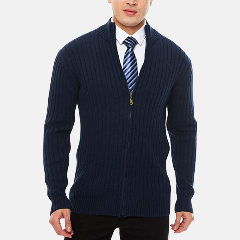 Men's knit blend full-zip cardigan with stand collar, smart casual slim fit everyday layer