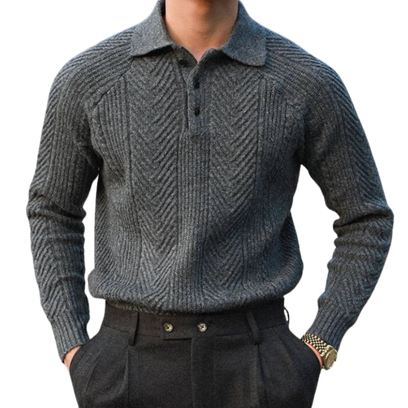 Unisex ribbed knit polo sweater with structured collar, three-button placket, subtle textured pattern
