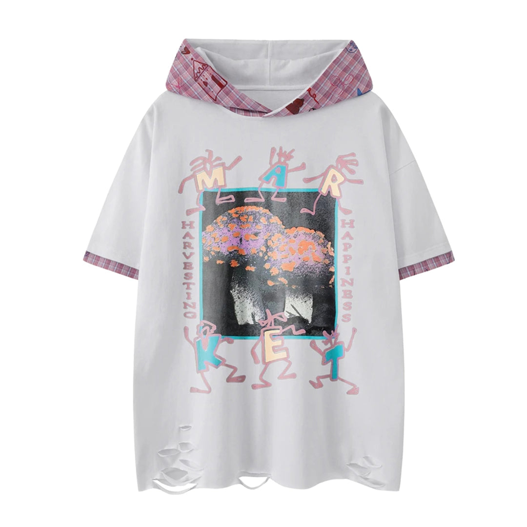 Harvest abstract hooded tee, plaid contrast distressed hem, loose fit cotton blend streetwear casual top