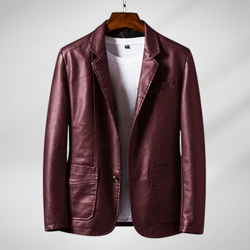 Men's slim tailored black leather jacket with premium finish and classic two-pocket design