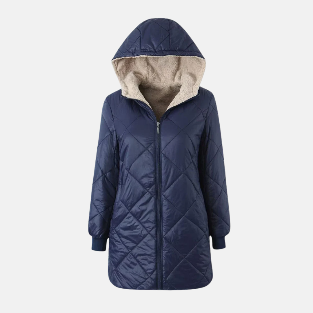 Women's reversible hooded quilted coat mid-thigh length with diamond stitching dual-color warm winter outerwear