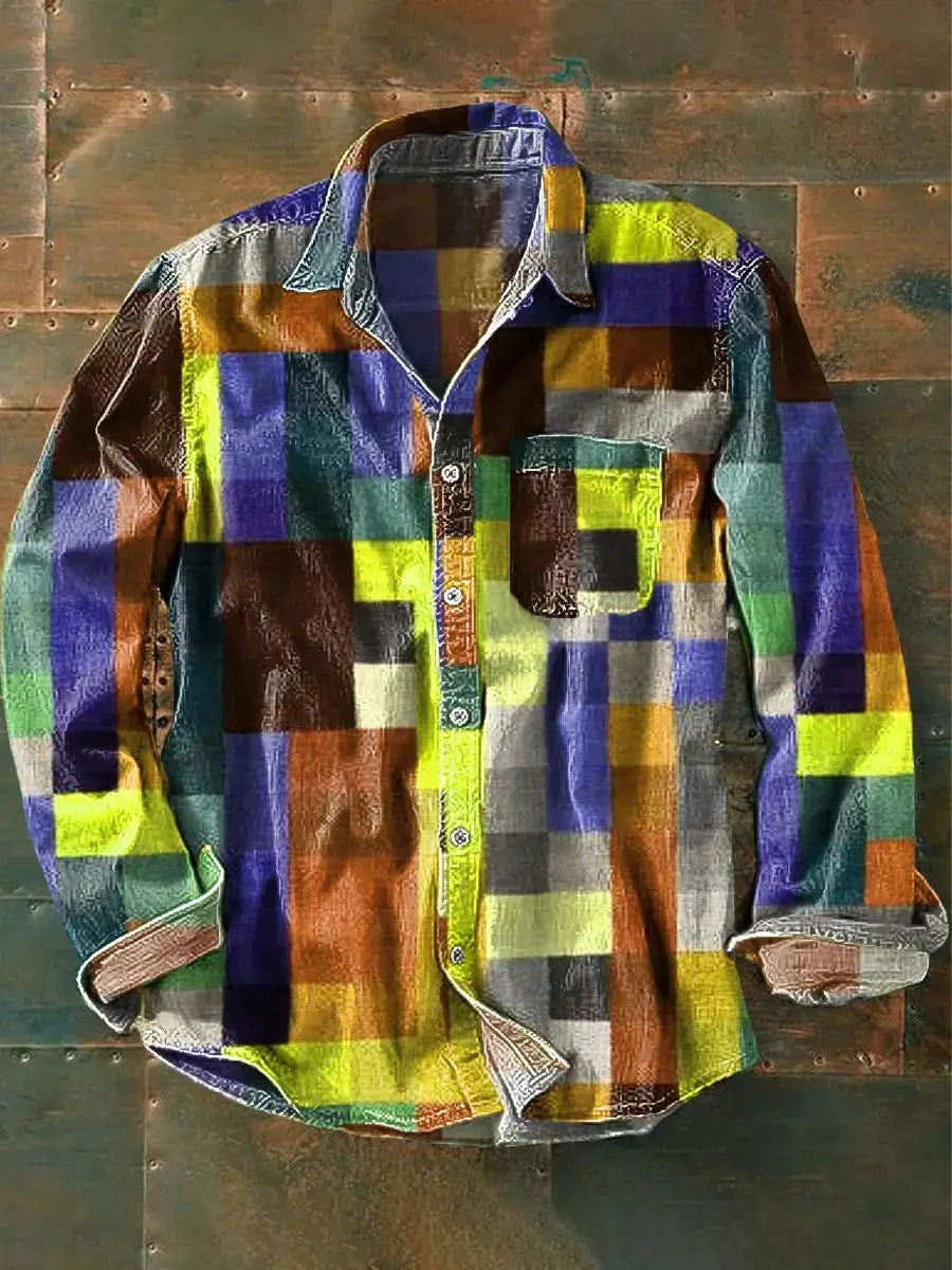 Men's casual multi-tone plaid button-front shirt with bold colorful contemporary pattern for everyday wear