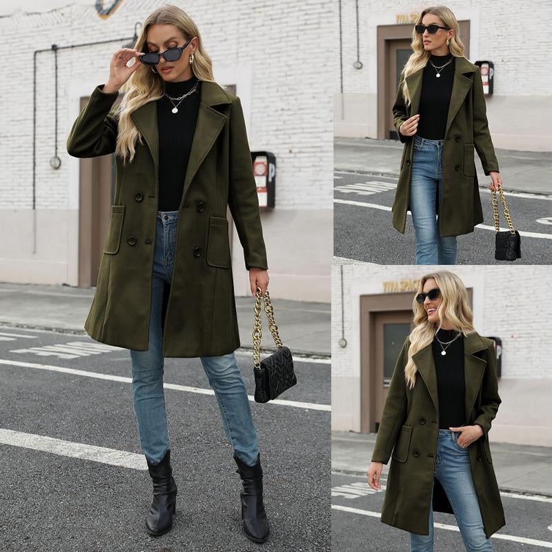 Maribel women's camel wool-blend double-breasted mid-length coat with clean tailored silhouette