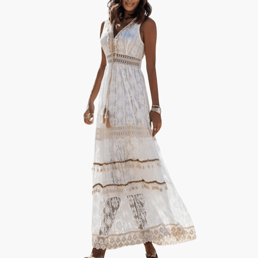 White boho lace maxi dress women flowing silhouette airy fabric delicate lace details