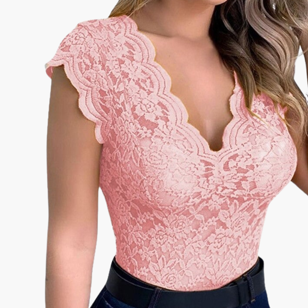 Women's white floral lace bodysuit with flattering V-neckline, delicate feminine design for everyday wear