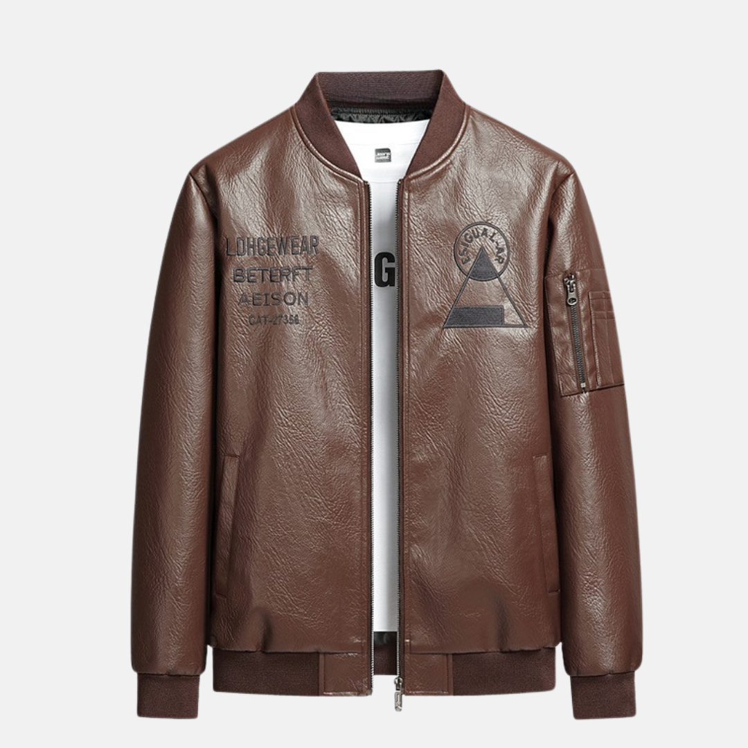 Men's black faux leather bomber jacket with zipper front and subtle embroidered detail