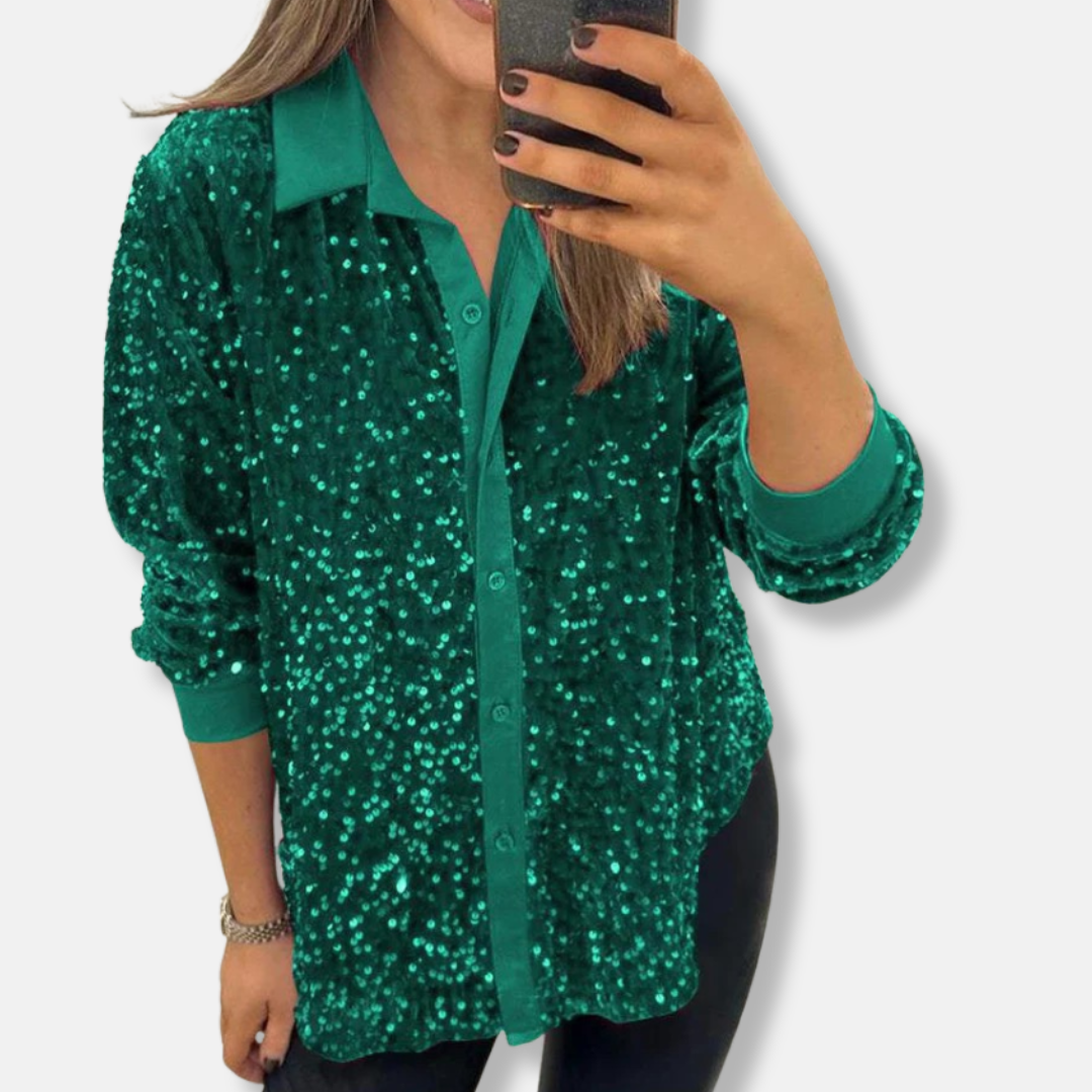 Women's silver sequin button-up shirt relaxed fit long sleeve party glamour dance floor style